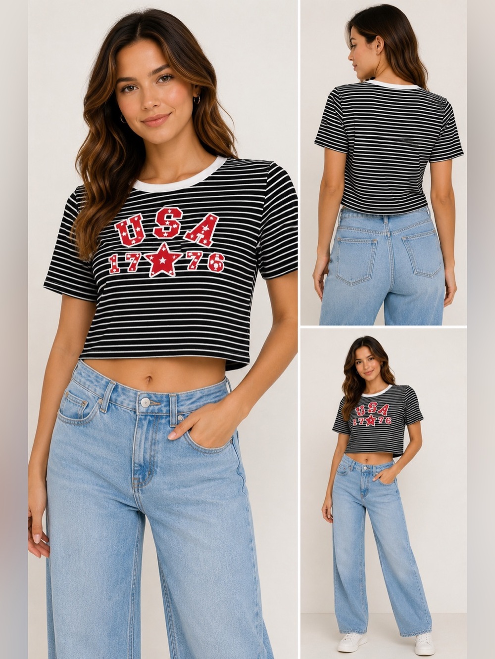 USA 1776 Black White Striped Patriotic Crop Top XL